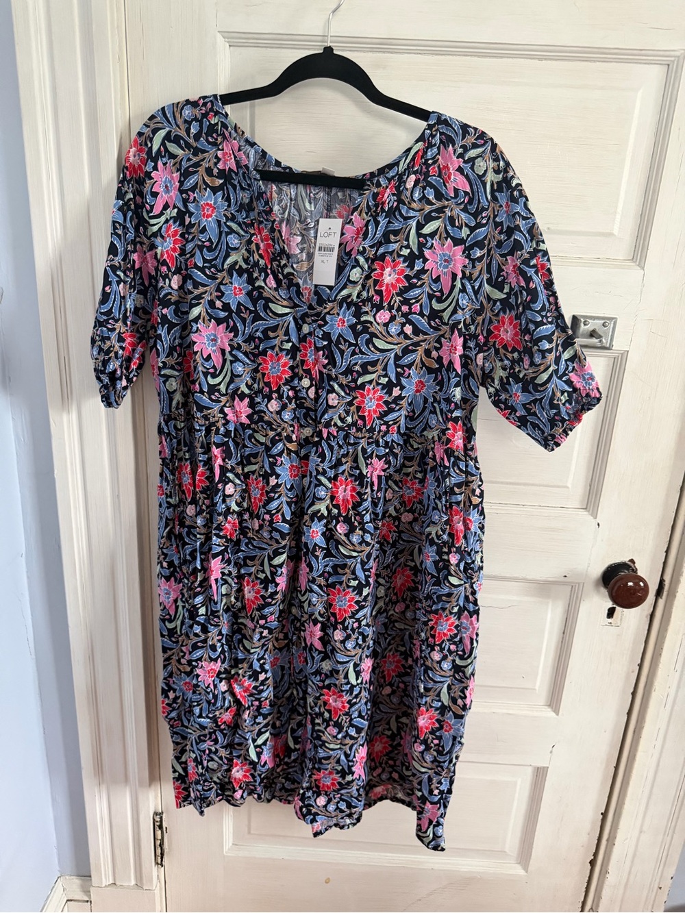 LOFT Navy Floral Midi Dress with Pink & Red Blossoms